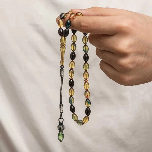 Gümüş 1000 Ayar Kazaz Püsküllü Sıkma Kehribar Tesbih - Resim 3