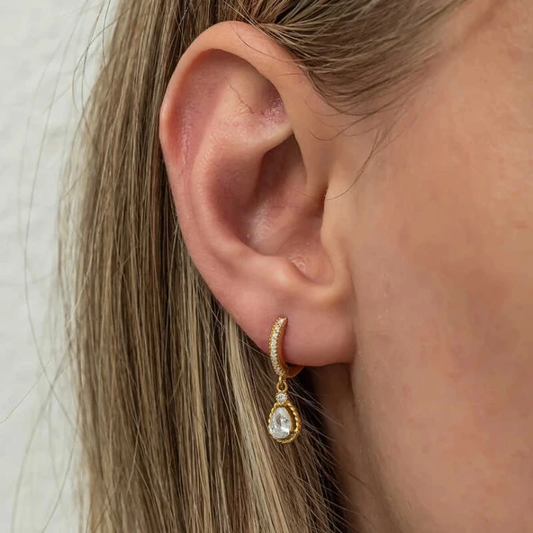 Gümüş Sallantılı Gold Damla Kadın Küpe - Resim 3