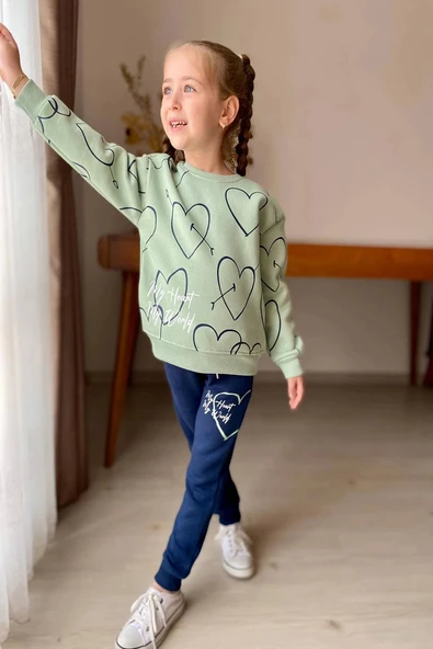 Kalp Desenli Yeşil Renk 3 İplik Kız Çocuk Takım - Resim 3