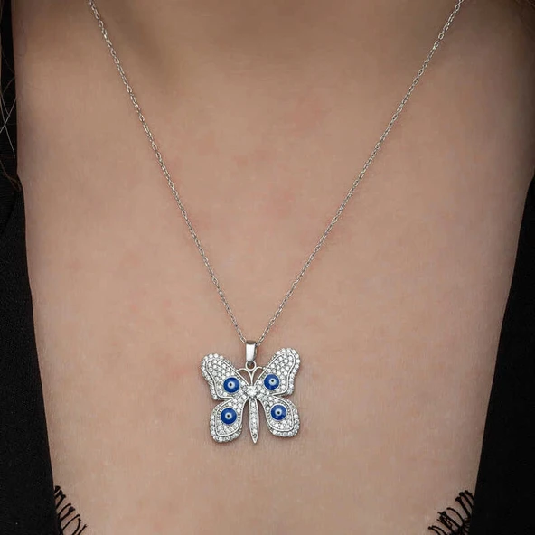 Gümüş Nazarlı Kelebek Kadın Kolye - Resim 5