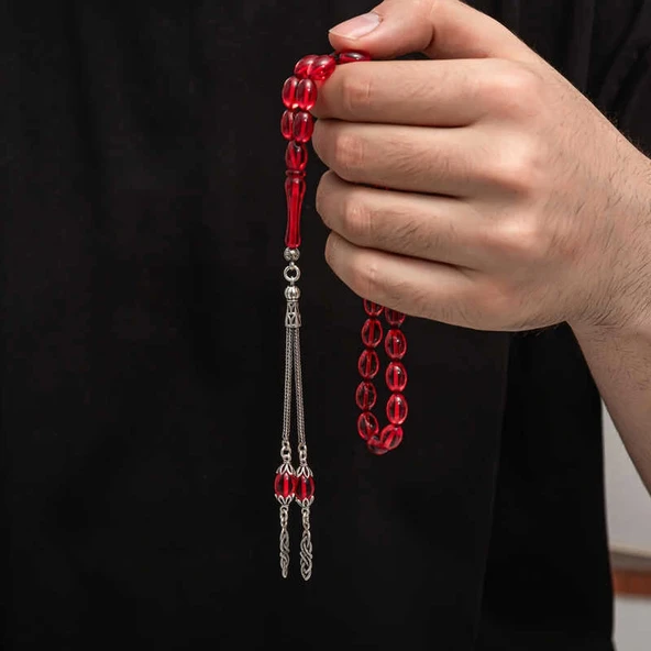 Gümüş Püskül Sıkma Kehribar Tesbih - Resim 2