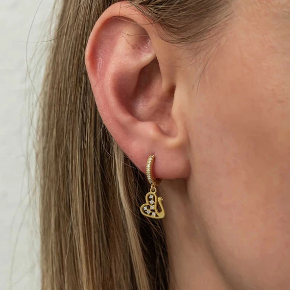 Gümüş Sallantılı Gold Kuğu Kadın Küpe - Resim 4