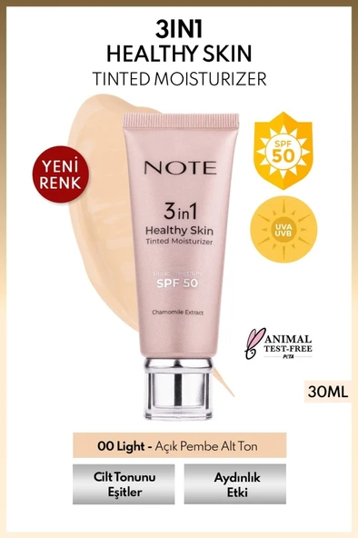 Note Cosmetics 3 in 1 Healthy Skin Light Tinted Moisturizer SPF 50 Renk Ton Eşitleyici Aydınlatıcı Krem 00 Açık Ton