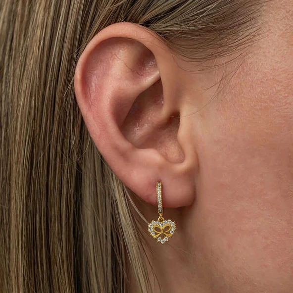 Gümüş Gold Kalp Kurdele Sallantılı Kadın Küpe - Resim 3