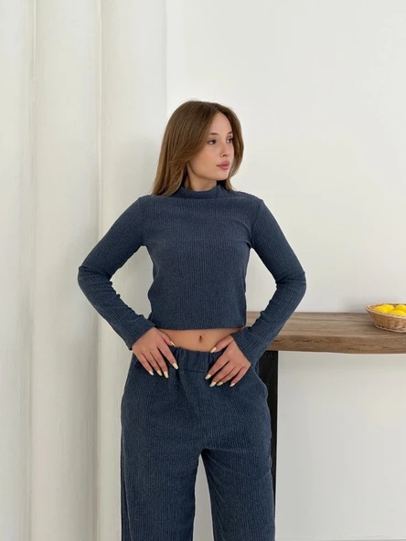 Balıkçı yaka örme takım lacivert st265865 - Resim 3