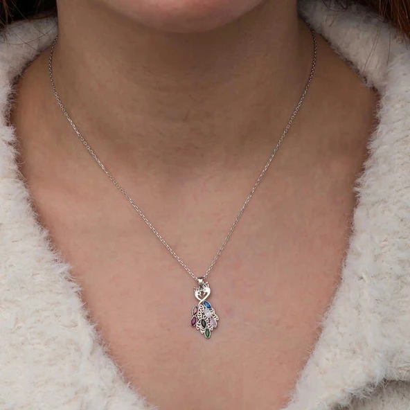 Gümüş Renkli Taşlı Tavus Kuşu Kadın Kolye - Resim 4