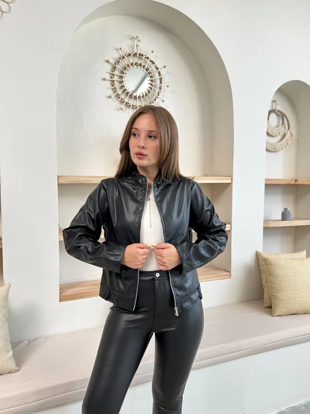 Mevsimlik deri ceket siyah st255510 - Resim 2