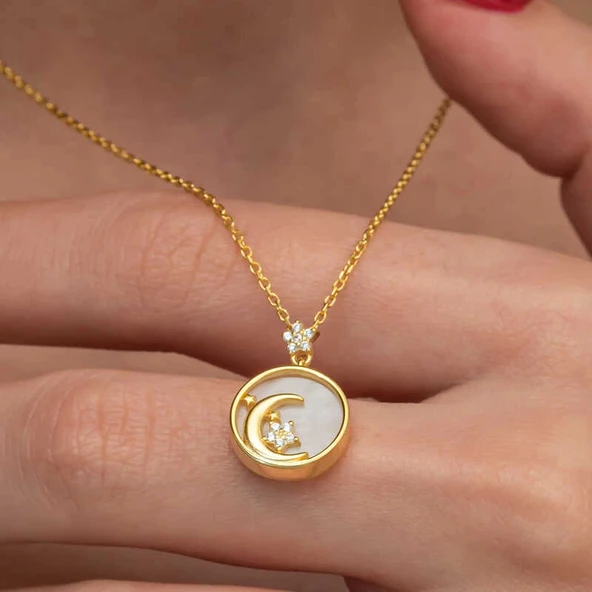 Gümüş Gold Sedef Taşlı Ay Yıldız Hilal Kadın Kolye - Resim 3