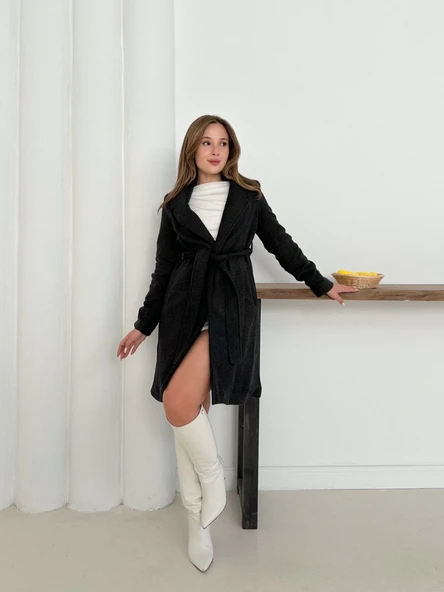 Cepli kuşaklı kaşe kaban antrasit st26458 - 2