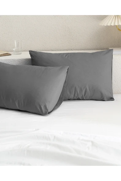 Manon %100 Pamuk Ranforce Düz 2'li Yastık Kılıfı Seti - Antrasit - Resim 2