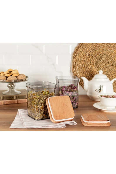 Kaviera 1000ml Ahşap Kapaklı Saklama Kabı 2'li - Resim 2