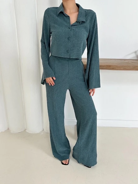 Gömlek yaka kaplama düğmeli takım petrol yeşili st265866 - 5