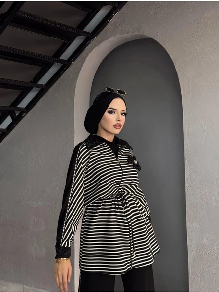 IŞŞIL 72054-İnci Taşlı Çizgili Esnek Penye Pantolonlu Takım