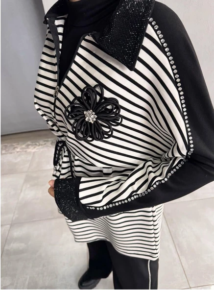 IŞŞIL 72054-İnci Taşlı Çizgili Esnek Penye Pantolonlu Takım - 4