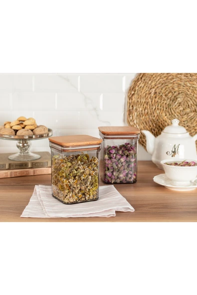 Kaviera 1000ml Ahşap Kapaklı Saklama Kabı 2'li ürün görseli 1