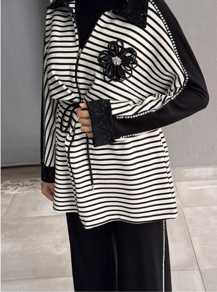 IŞŞIL 72054-İnci Taşlı Çizgili Esnek Penye Pantolonlu Takım - 3