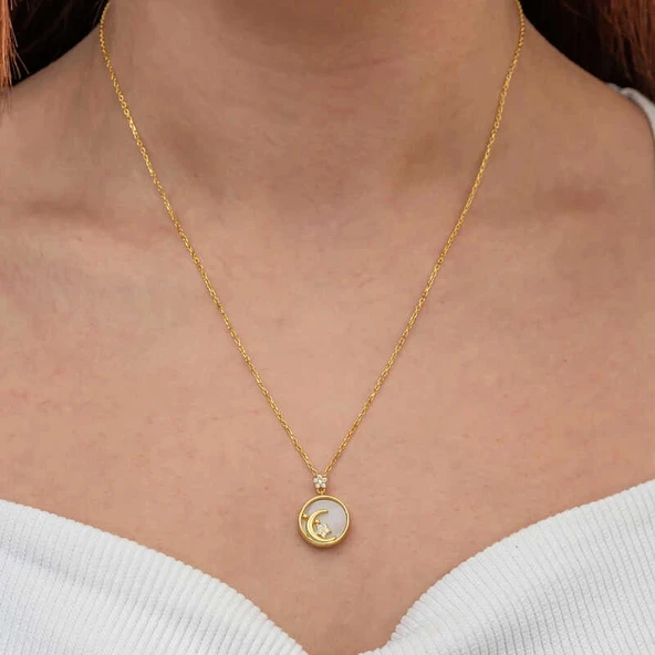 Gümüş Gold Sedef Taşlı Ay Yıldız Hilal Kadın Kolye - Resim 2