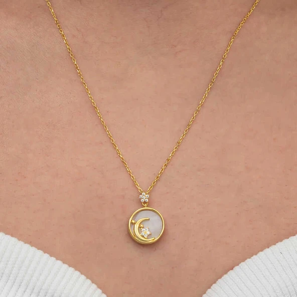 Gümüş Gold Sedef Taşlı Ay Yıldız Hilal Kadın Kolye - Resim 5