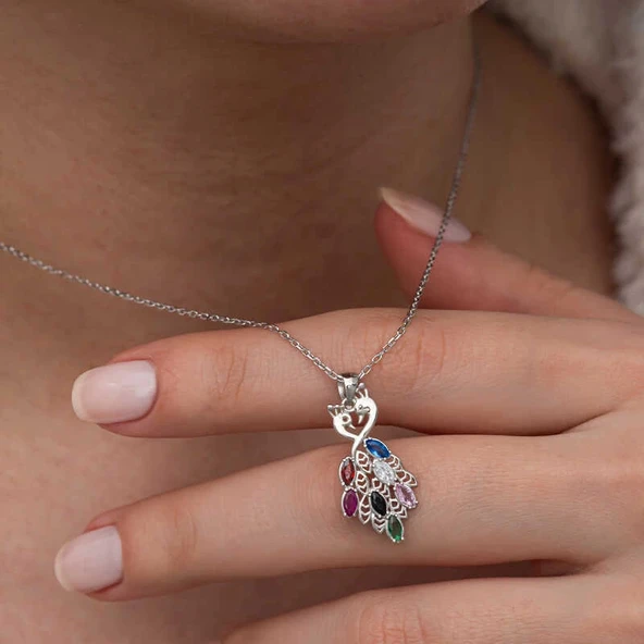 Gümüş Renkli Taşlı Tavus Kuşu Kadın Kolye - Resim 2