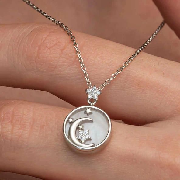 Gümüş Sedef Taşlı Ay Yıldız Hilal Kadın Kolye - Resim 3
