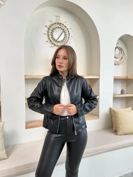 Mevsimlik deri ceket siyah st255510 - Resim 2