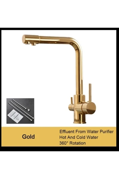 Gold Arıtma Çıkışlı Eviye Bataryası 3 Yollu Arıtmalı 360 Döner Borulu Musluk - Resim 3