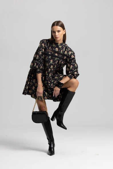 IŞŞIL 1024-Dantel Detay Çiçekli Mini Tunik-Elbise