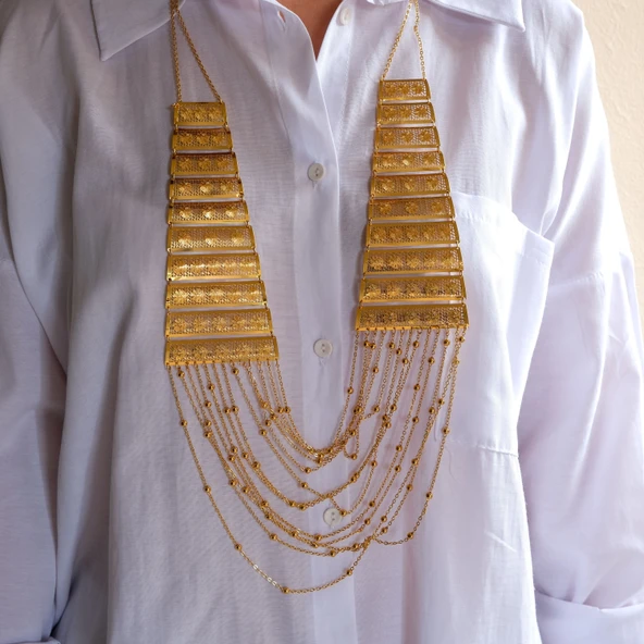 Altın Kaplama Sıralı Çiçek Desenli Akıtma Gerdanlık Kolye KLY-658 ürün görseli