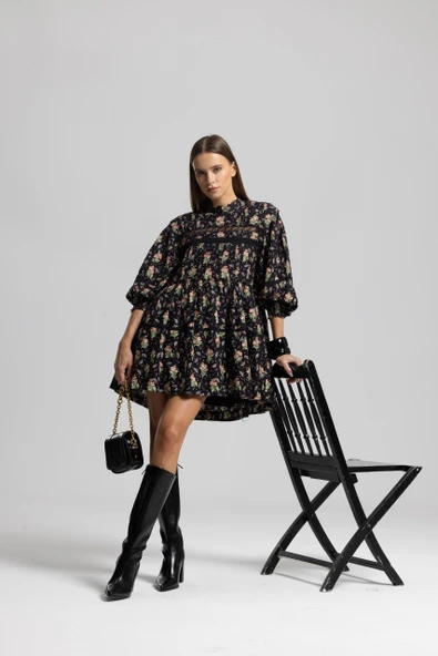 IŞŞIL 1024-Dantel Detay Çiçekli Mini Tunik-Elbise - 2