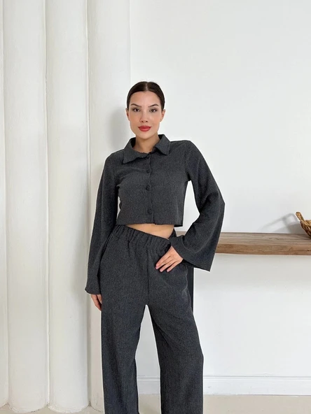 BİÇOMİ Gömlek yaka kaplama düğmeli takım antrasit st265866 - 5