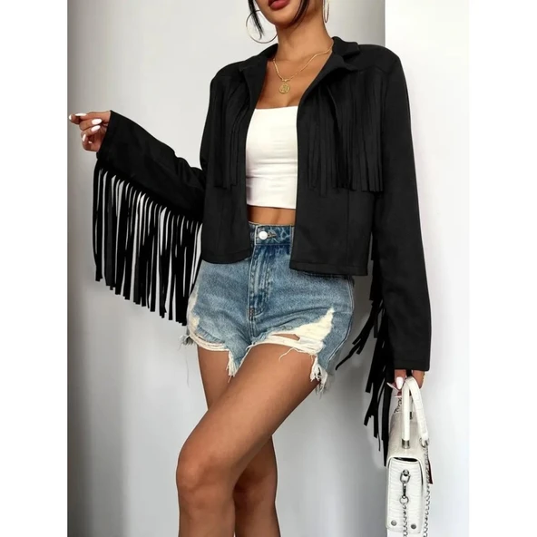 Lucky Life Kadın Uzun Kollu Yakalı Kısa Püsküllü Süet Ceket - 4