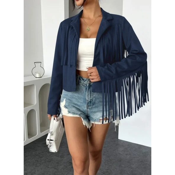 Lucky Life Kadın Uzun Kollu Yakalı Kısa Püsküllü Süet Ceket - 3