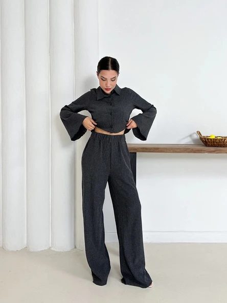 BİÇOMİ Gömlek yaka kaplama düğmeli takım antrasit st265866 - 2