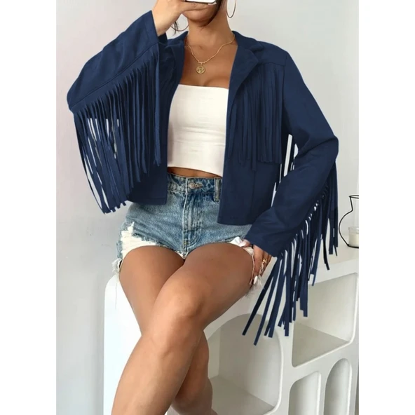 Lucky Life Kadın Uzun Kollu Yakalı Kısa Püsküllü Süet Ceket - 2