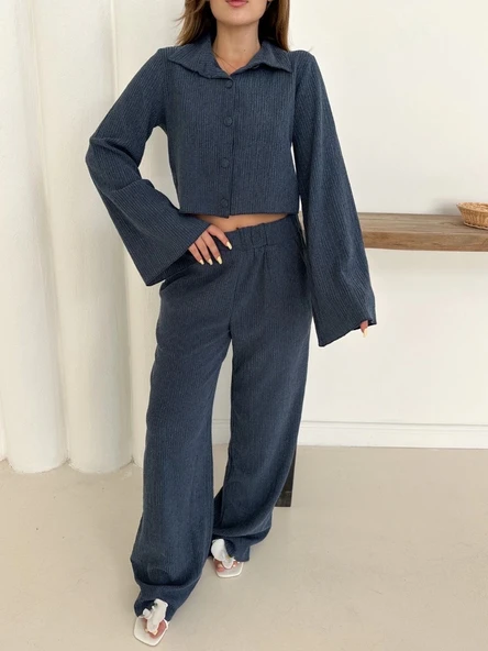 BİÇOMİ Gömlek yaka kaplama düğmeli takım lacivert st265866 - 6