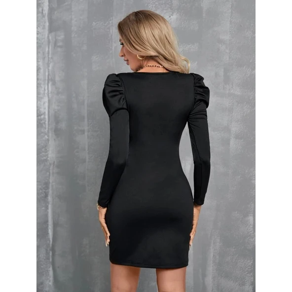 Lucky Life Kadın Uzun Kollu Kruvaze Yaka Kol Detaylı Ithal Krep Mini Elbise - 3