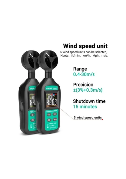 Gn301 Dijital Anemometre Termometre Aneng Sıcaklık Arkadan Aydınlatmalı El Rüzgar Hızı Ölçer Anemometer - 11