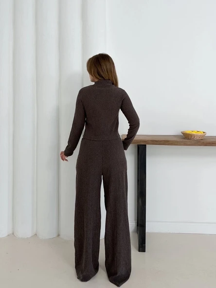 BİÇOMİ Balıkçı yaka örme takım kahve st265865 - Resim 4