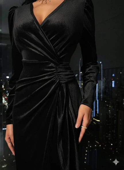 Lucky Life Kadın Uzun Kollu Kruvaze Yakalı Yandan Büzgülü Midi Kadife Elbise - Resim 6