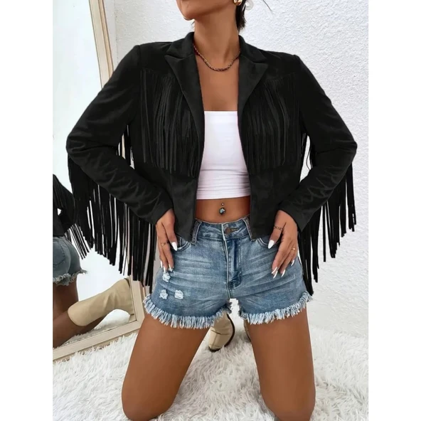 Lucky Life Kadın Uzun Kollu Yakalı Kısa Püsküllü Süet Ceket - 2