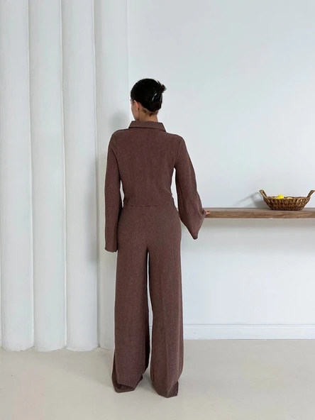 BİÇOMİ Gömlek yaka kaplama düğmeli takım kahve st265866 - 3