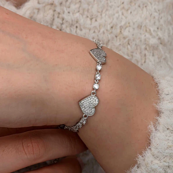 Gümüş Zirkon Taşlı Sıralı Kalp Kadın Bileklik - Resim 4