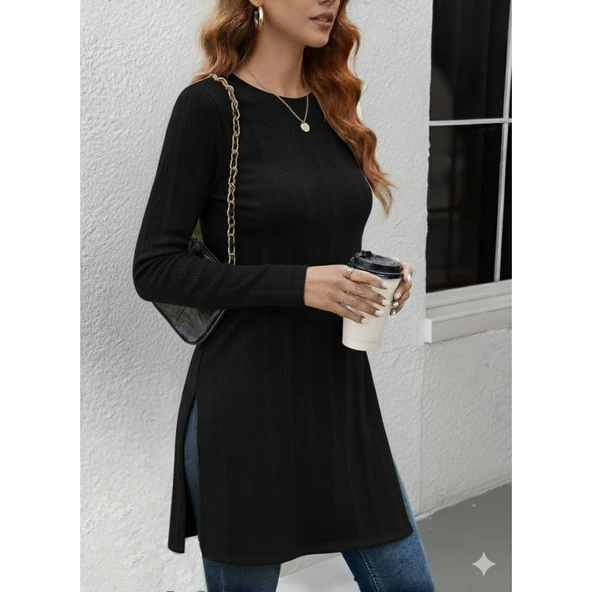 Lucky Life Kadın Uzun Kollu Bisiklet Yaka Iki Yandan Yırtmaç Detay Triko Bluz - 3