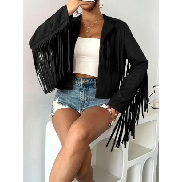 Lucky Life Kadın Uzun Kollu Yakalı Kısa Püsküllü Süet Ceket