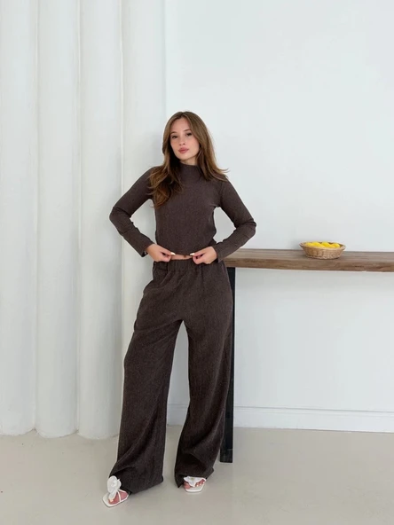 BİÇOMİ Balıkçı yaka örme takım kahve st265865 - Resim 2