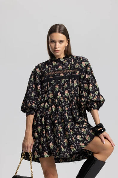 IŞŞIL 1024-Dantel Detay Çiçekli Mini Tunik-Elbise - 4