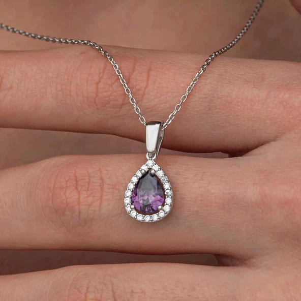 Gümüş Damla Mor Taşlı Kadın Kolye ürün görseli 1