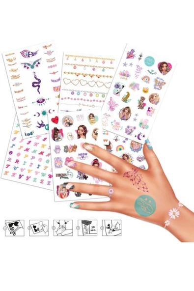 TOP Model Çocuk Geçici Dövme Seti – 4 Sayfa Renkli Su ile Transfer Tattoo Sticker Kit - 4