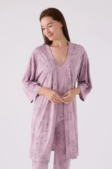 Pierre Cardin Kadın Sabahlıklı Uzun Kol İp Askılı Dantelli 3'lü Pijama Takım - 2