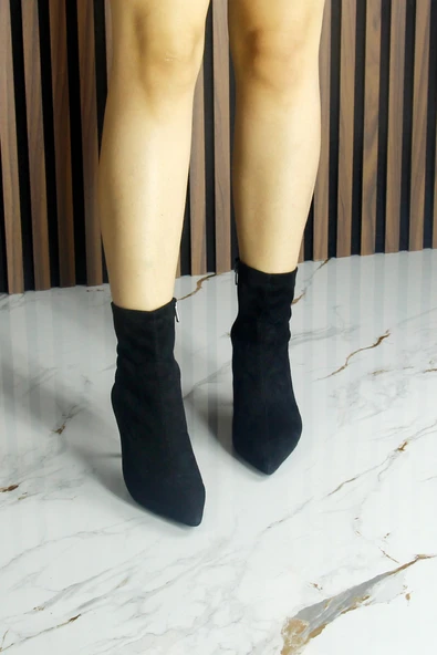 Erkan Saçmacı Kimberly Siyah Süet Streç Sivri Burun Fermuarlı İnce Topuklu Günlük Bot - 4